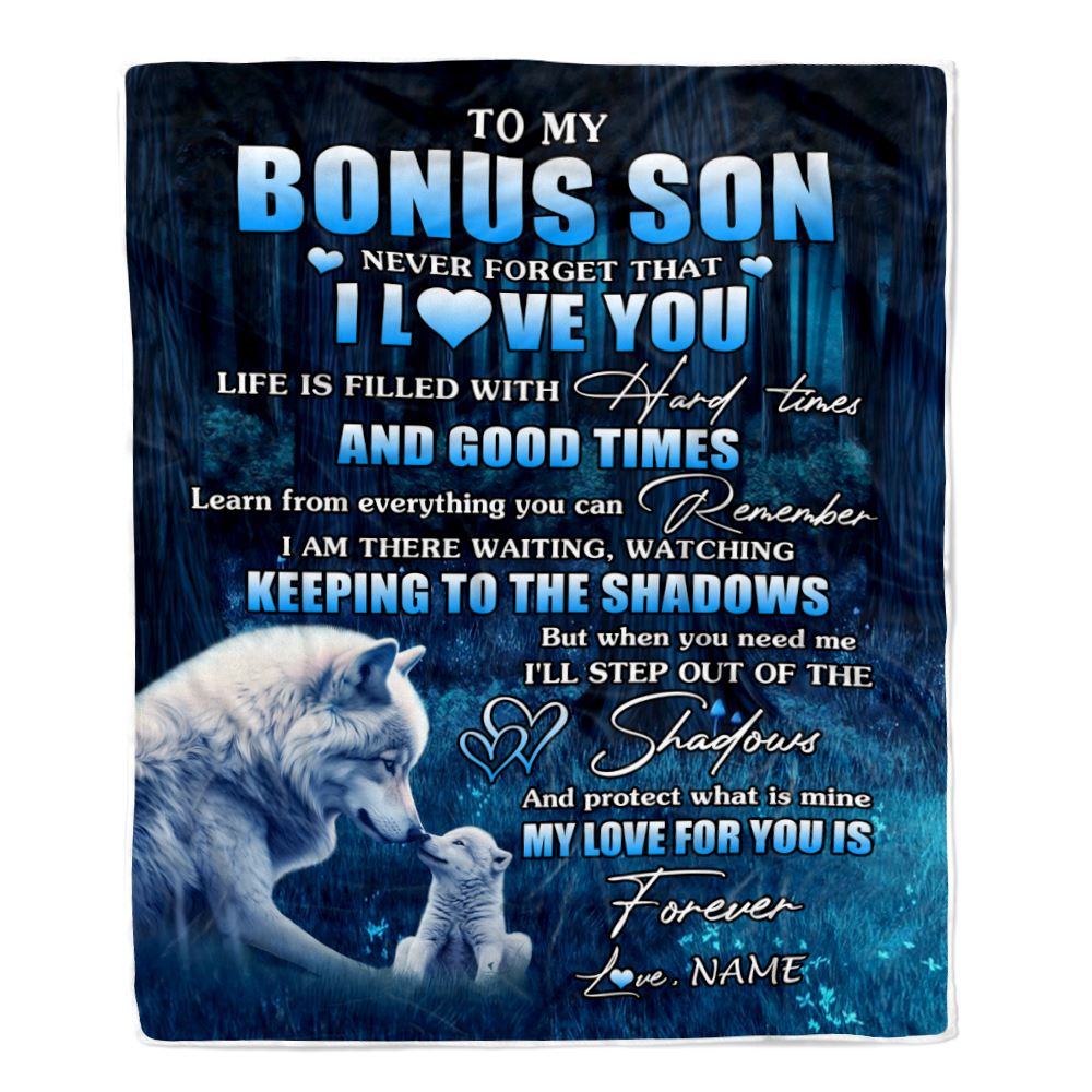 Personalized To My Bonus Son Blanket From Step Mom Dad Wolf Never Forget That I Love You Moon Dark Forest Stepson Birthday Gifts Christmas Fleece Blanket | teecentury