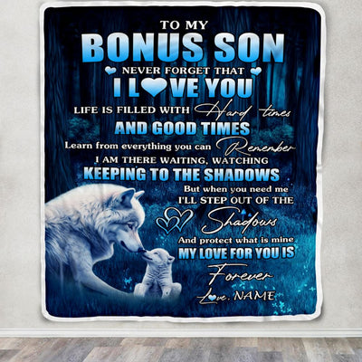 Personalized To My Bonus Son Blanket From Step Mom Dad Wolf Never Forget That I Love You Moon Dark Forest Stepson Birthday Gifts Christmas Fleece Blanket | teecentury