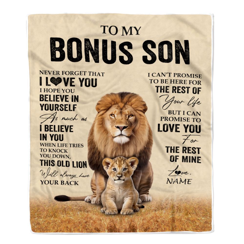 Personalized To My Bonus Son Blanket From Stepdad Lion Never Forget That I Love You Stepson Birthday Gifts Graduation Christmas Customized Fleece Throw Blanket | teecentury