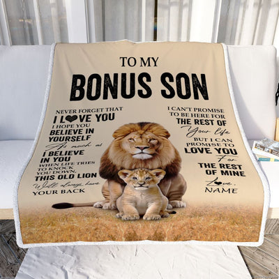 Personalized To My Bonus Son Blanket From Stepdad Lion Never Forget That I Love You Stepson Birthday Gifts Graduation Christmas Customized Fleece Throw Blanket | teecentury