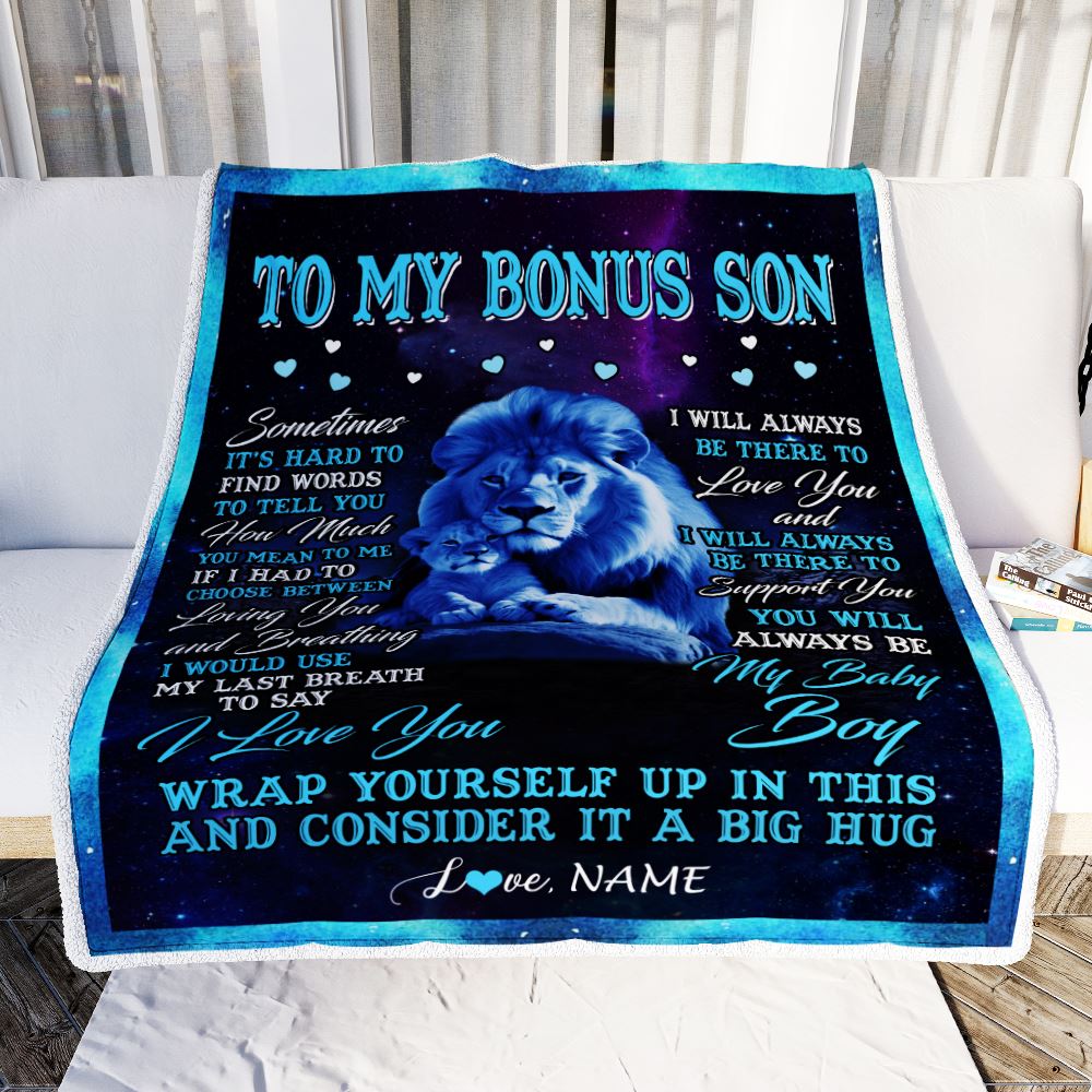 Personalized To My Bonus Son Blanket From Stepdad Sometimes It's Hard Lion Stepson Gift Birthday Graduation Christmas Custom Customized Fleece Throw Blanket | teecentury