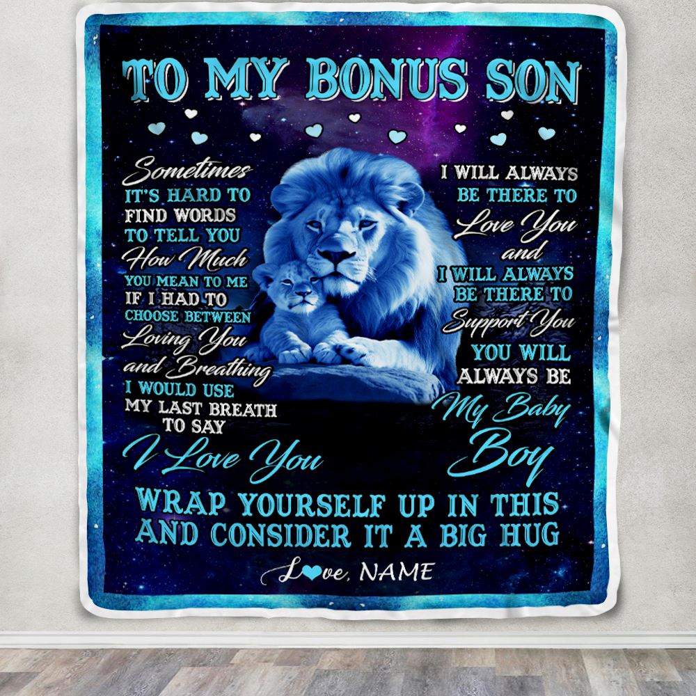 Personalized To My Bonus Son Blanket From Stepdad Sometimes It's Hard Lion Stepson Gift Birthday Graduation Christmas Custom Customized Fleece Throw Blanket | teecentury