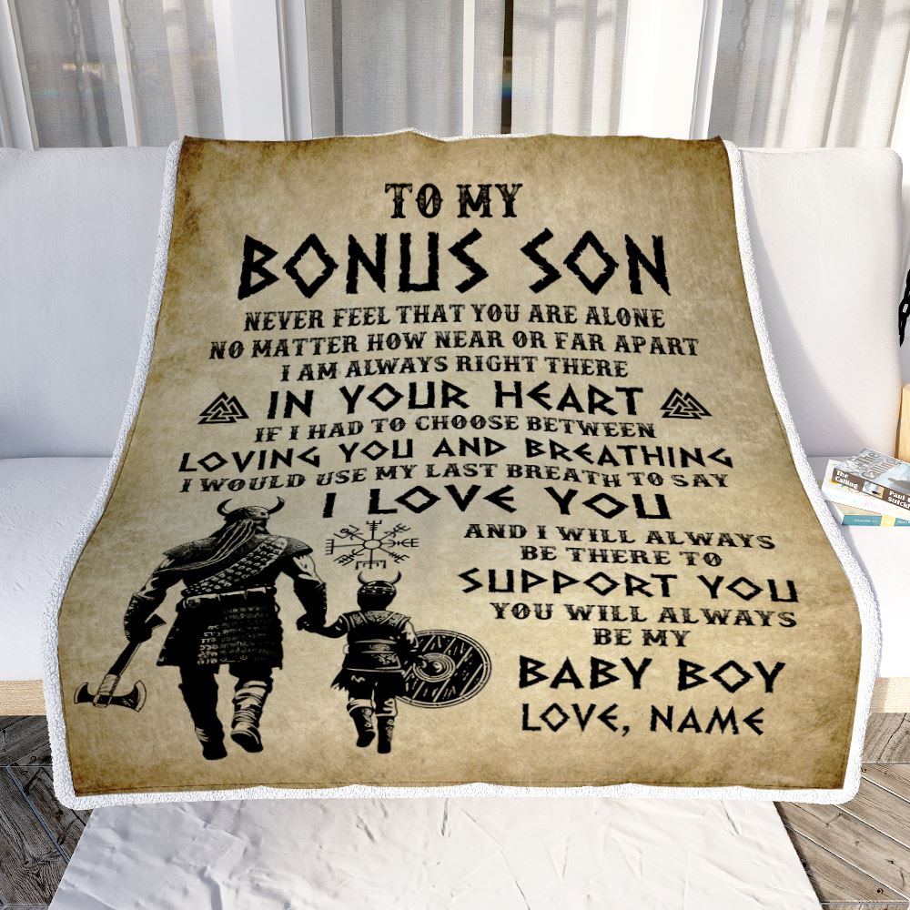Personalized To My Bonus Son Blanket From Stepdad Viking Never Feel That You Are Alone Viking Stepson Birthday Gifts Christmas Customized Fleece Throw Blanket | teecentury