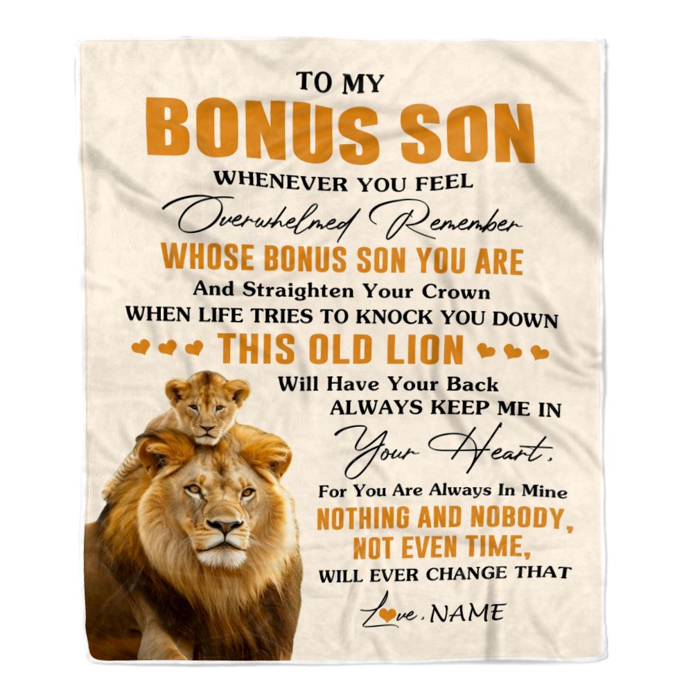 Personalized To My Bonus Son Blanket From Stepdad Whenever You Fell Overwhelmed Lion Stepson Birthday Gifts Christmas Customized Fleece Throw Blanket | teecentury