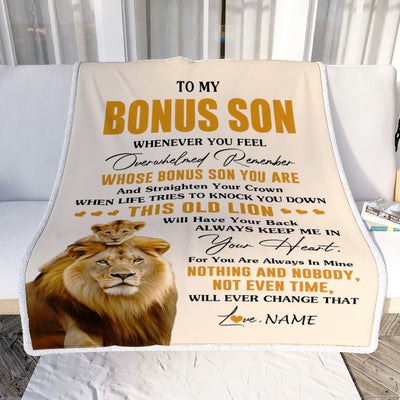 Personalized To My Bonus Son Blanket From Stepdad Whenever You Fell Overwhelmed Lion Stepson Birthday Gifts Christmas Customized Fleece Throw Blanket | teecentury