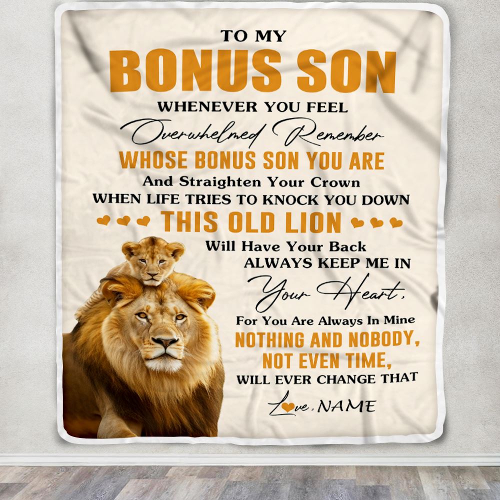Personalized To My Bonus Son Blanket From Stepdad Whenever You Fell Overwhelmed Lion Stepson Birthday Gifts Christmas Customized Fleece Throw Blanket | teecentury