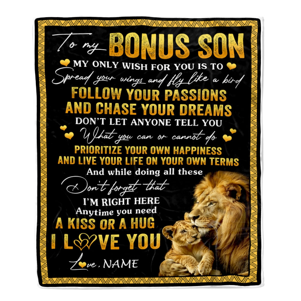 Personalized To My Bonus Son Blanket From Stepfather Lion My Only Wish For You Stepson Birthday Graduation Christmas Customized Bed Fleece Throw Blanket | teecentury