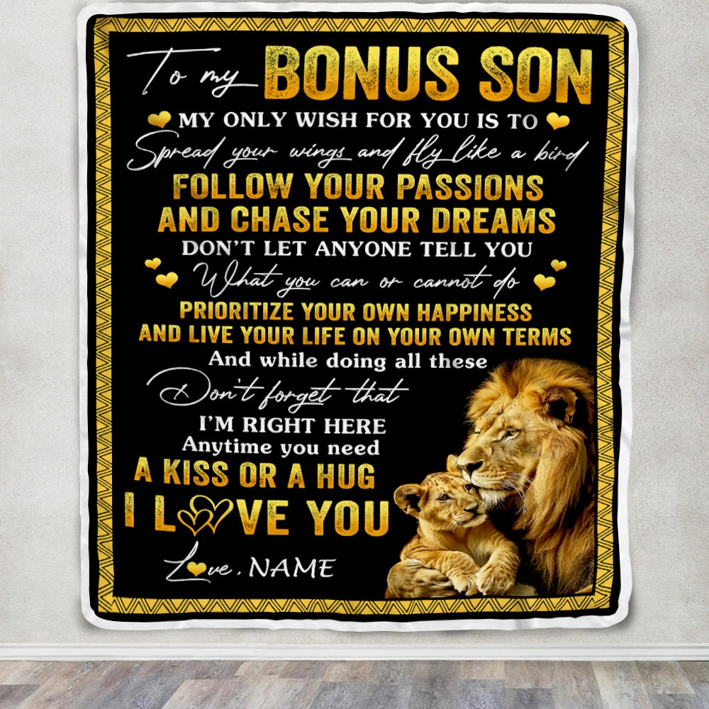 Personalized To My Bonus Son Blanket From Stepfather Lion My Only Wish For You Stepson Birthday Graduation Christmas Customized Bed Fleece Throw Blanket | teecentury