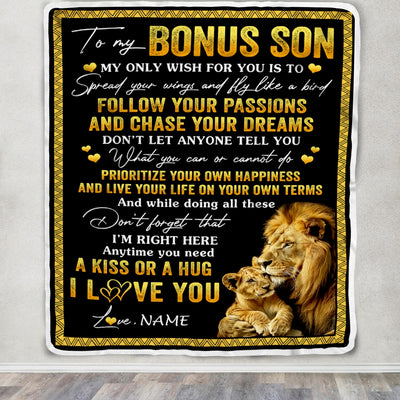 Personalized To My Bonus Son Blanket From Stepfather Lion My Only Wish For You Stepson Birthday Graduation Christmas Customized Bed Fleece Throw Blanket | teecentury