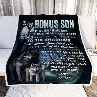 Personalized To My Bonus Son Blanket From Stepfather Never Feel That You Are Alone Wolf Stepson Birthday Graduation Christmas Customized Gift Fleece Blanket | teecentury