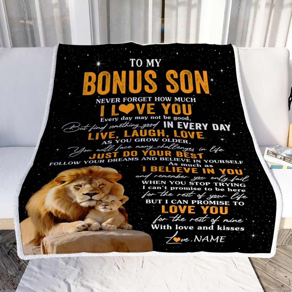 Personalized To My Bonus Son Blanket From Stepfather Stepdad Live Laugh Love Lion Stepson Birthday Gifts Positive Graduation Christmas Fleece Throw Blanket | teecentury