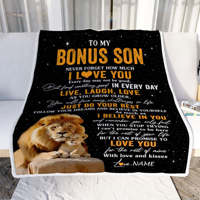 Personalized To My Bonus Son Blanket From Stepfather Stepdad Live Laugh Love Lion Stepson Birthday Gifts Positive Graduation Christmas Fleece Throw Blanket | teecentury