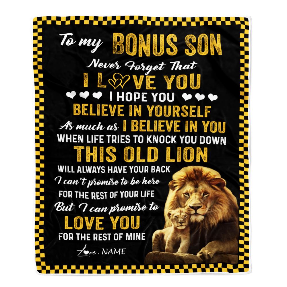 Personalized To My Bonus Son Blanket From Stepfather This Old Lion Love You Stepson Birthday Graduation Christmas Customized Fleece Throw Blanket | teecentury