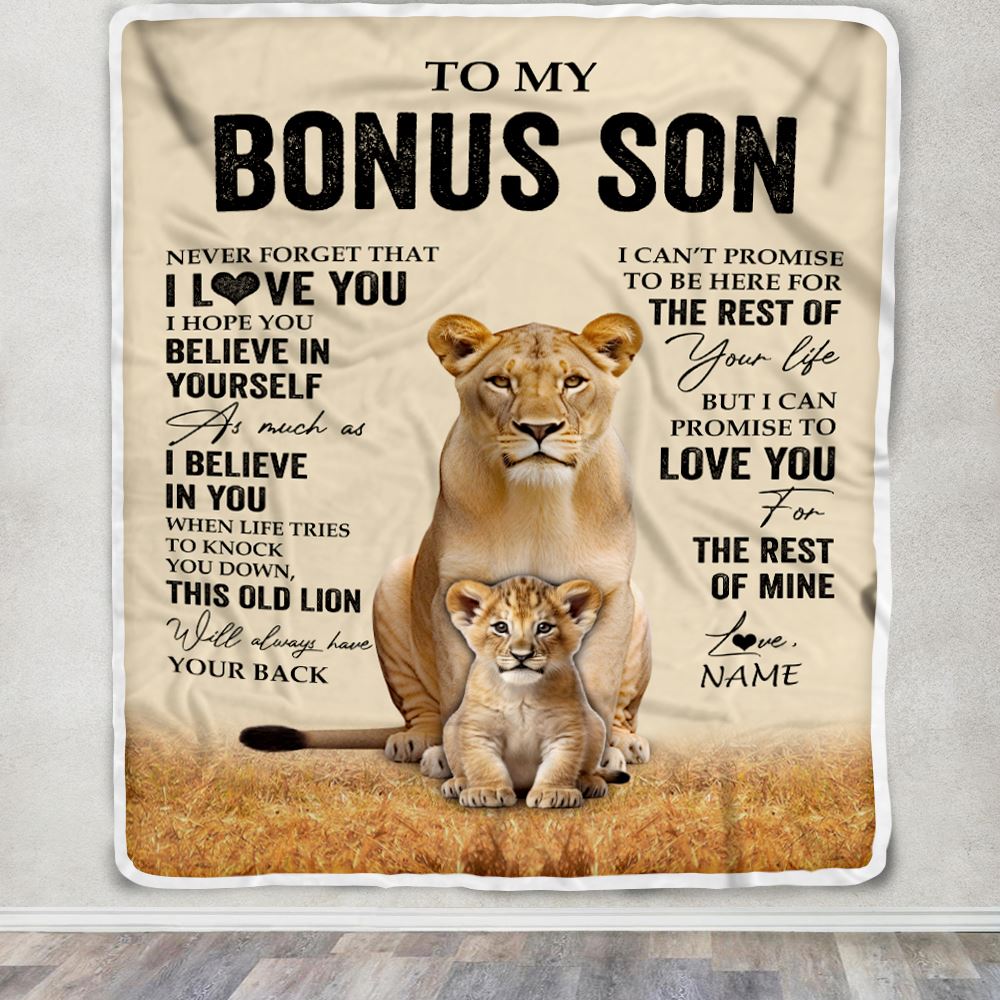 Personalized To My Bonus Son Blanket From Stepmom Lion Never Forget That I Love You Stepson Birthday Gifts Graduation Christmas Customized Fleece Throw Blanket | teecentury