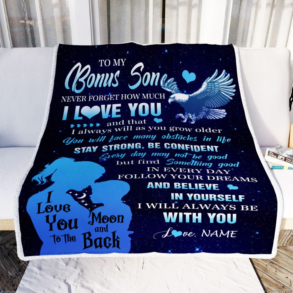 Personalized To My Bonus Son Blanket From Stepmom Never Forget I Love You  Eagle Stepson Gift Birthday Graduation Christmas Customized Fleece Throw  Blanket 