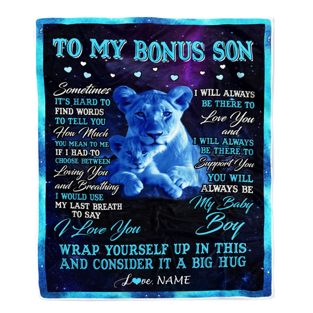 Personalized To My Bonus Son Blanket From Stepmom Sometimes It's Hard Lion Stepson Gift Birthday Graduation Christmas Custom Customized Fleece Throw Blanket | teecentury