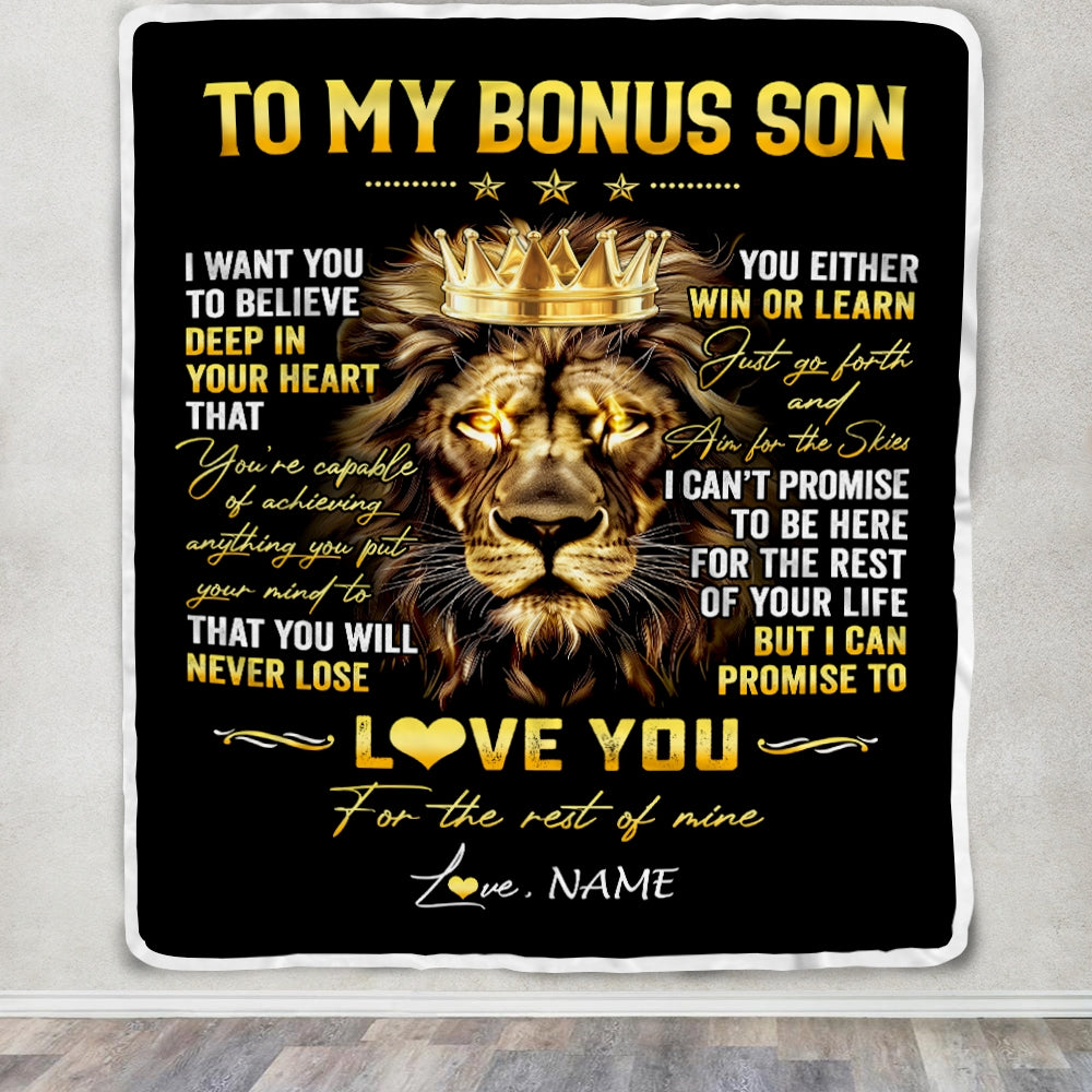 Personalized To My Bonus Son Blanket From Stepmom StepDad You Will Never Lose Lion Stepson Birthday Graduation Christmas Customized Fleece Throw Blanket | teecentury