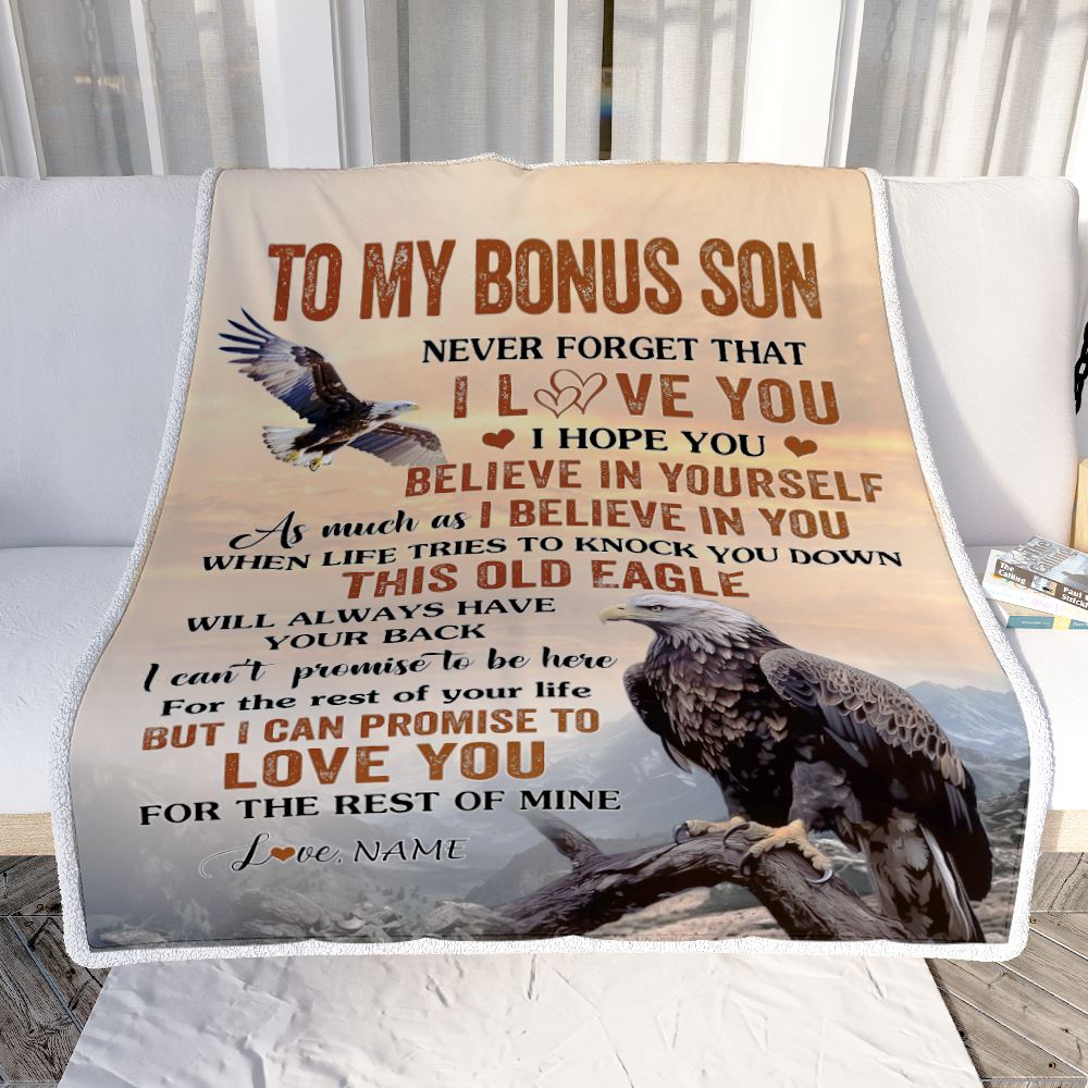 Personalized To My Bonus Son Blanket From Stepmom Stepdad This Old Eagle Love You Stepson Birthday Gifts Graduation Christmas Customized Fleece Throw Blanket | teecentury