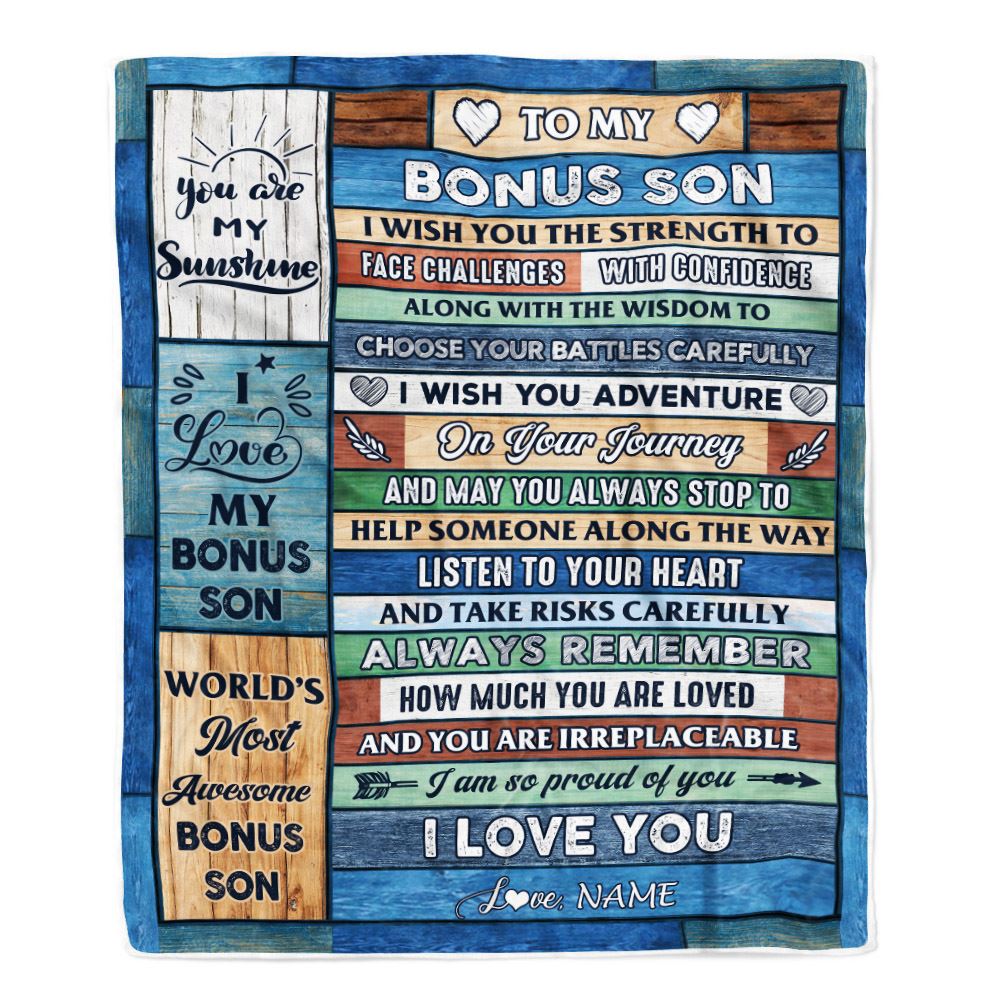 Personalized To My Bonus Son Blanket From Stepmom Stepdad Wood Remember To Be Awesome Stepson Birthday Graduation Christmas Customized Fleece Blanket | teecentury