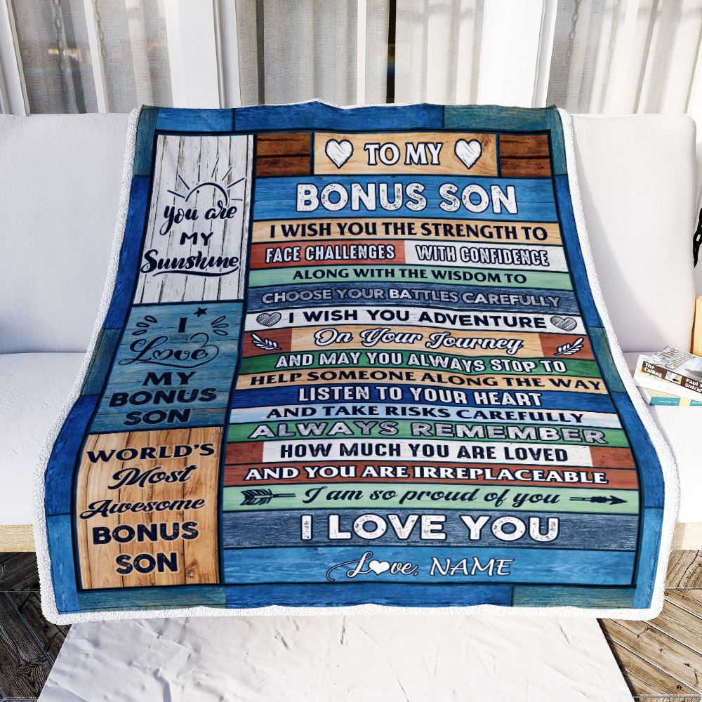 Personalized To My Bonus Son Blanket From Stepmom Stepdad Wood Remember To Be Awesome Stepson Birthday Graduation Christmas Customized Fleece Blanket | teecentury