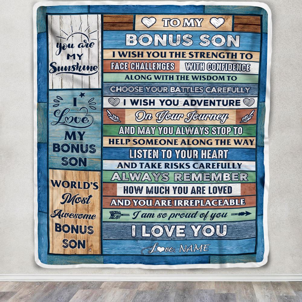 Personalized To My Bonus Son Blanket From Stepmom Stepdad Wood Remember To Be Awesome Stepson Birthday Graduation Christmas Customized Fleece Blanket | teecentury