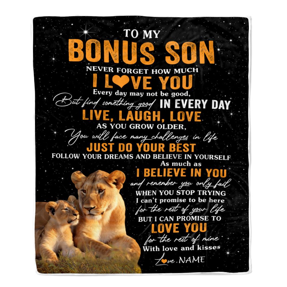 Personalized To My Bonus Son Blanket From Stepmom Stepmother Live Laugh Love Lion Stepson Birthday Gifts Positive Graduation Christmas Fleece Throw Blanket | teecentury