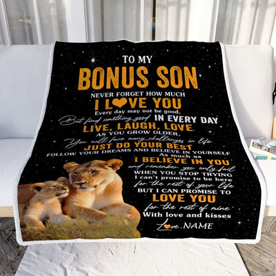 Personalized To My Bonus Son Blanket From Stepmom Stepmother Live Laugh Love Lion Stepson Birthday Gifts Positive Graduation Christmas Fleece Throw Blanket | teecentury
