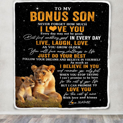 Personalized To My Bonus Son Blanket From Stepmom Stepmother Live Laugh Love Lion Stepson Birthday Gifts Positive Graduation Christmas Fleece Throw Blanket | teecentury