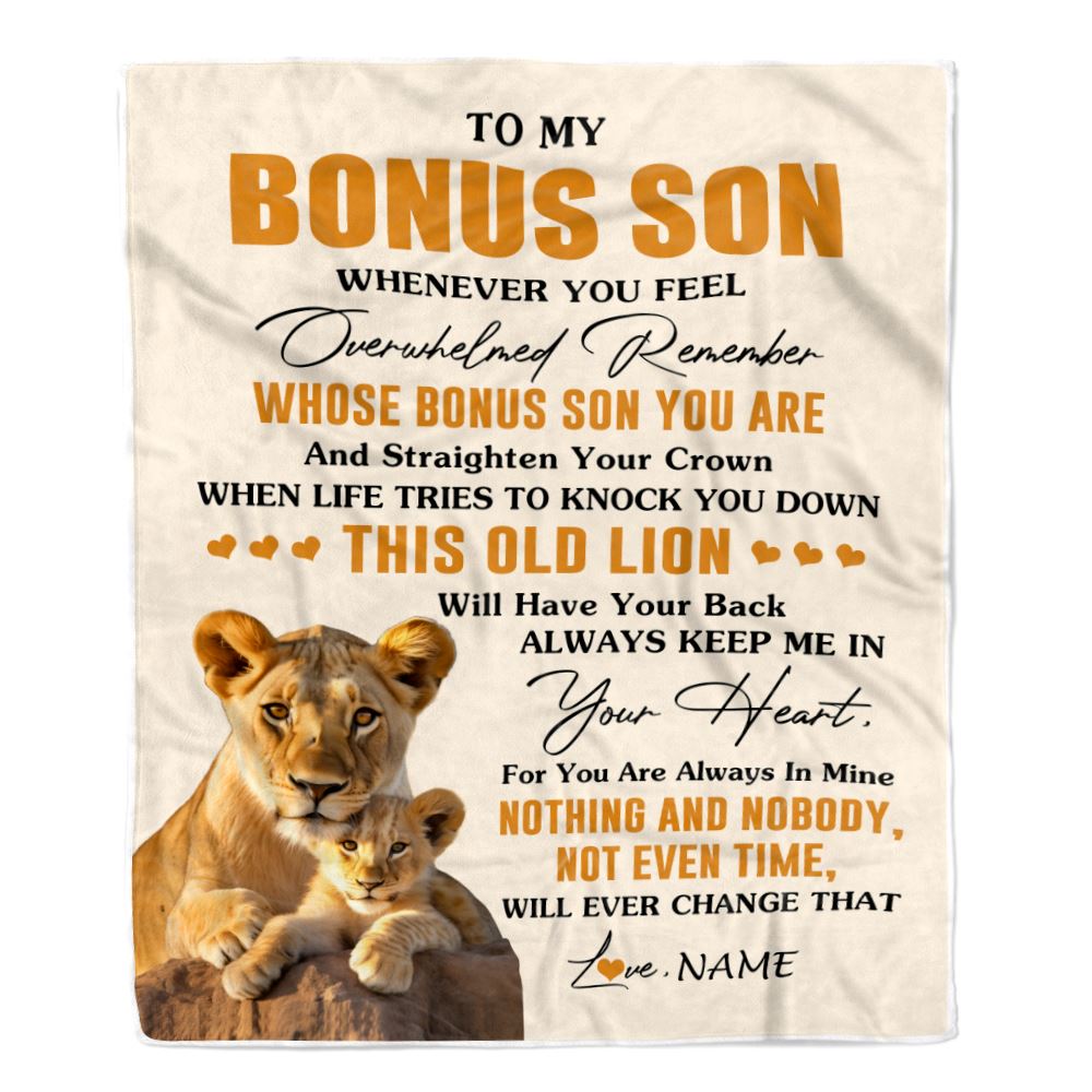 Personalized To My Bonus Son Blanket From Stepmom Whenever You Fell Overwhelmed Lion Stepson Birthday Gifts Christmas Customized Fleece Throw Blanket | teecentury