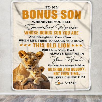 Personalized To My Bonus Son Blanket From Stepmom Whenever You Fell Overwhelmed Lion Stepson Birthday Gifts Christmas Customized Fleece Throw Blanket | teecentury