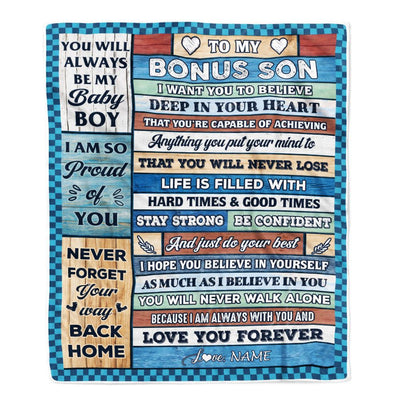 Personalized To My Bonus Son Blanket From Stepmom Wood Gifts For Stepson Going To College Birthday Graduation Christmas Customized Gift Fleece Throw Blanket | teecentury
