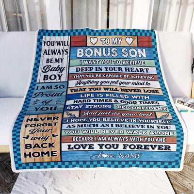 Personalized To My Bonus Son Blanket From Stepmom Wood Gifts For Stepson Going To College Birthday Graduation Christmas Customized Gift Fleece Throw Blanket | teecentury