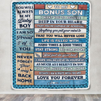Personalized To My Bonus Son Blanket From Stepmom Wood Gifts For Stepson Going To College Birthday Graduation Christmas Customized Gift Fleece Throw Blanket | teecentury
