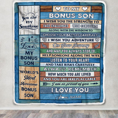 Personalized To My Bonus Son Blanket From Stepmom Wood I Am So Proud Of You I Love You Stepson Birthday Graduation Christmas Customized Fleece Blanket | teecentury