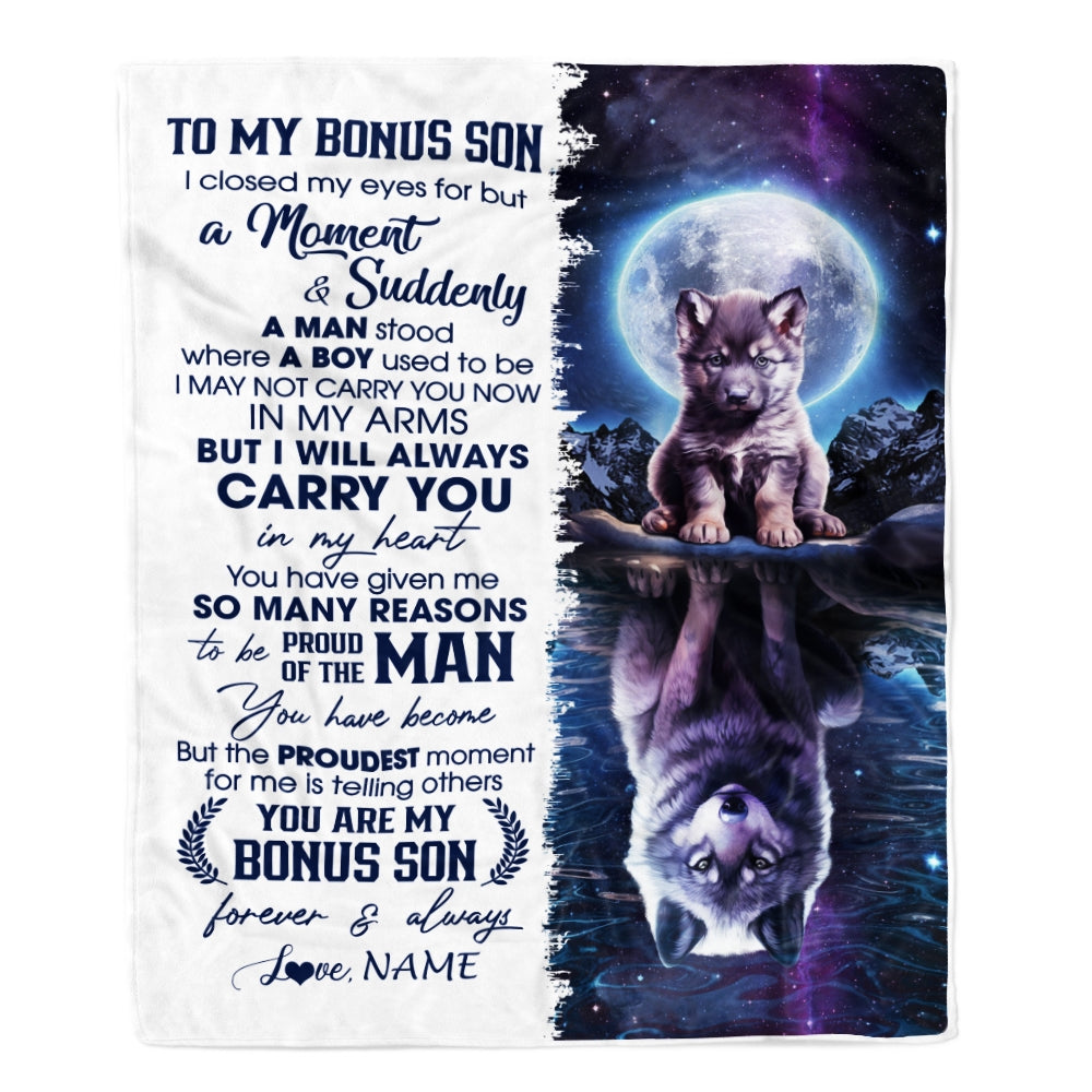 Personalized To My Bonus Son Blanket From Stepmother Dad I Close My Eyes Wolf Stepson Birthday Graduation Christmas Customized Gift Fleece Throw Blanket | teecentury