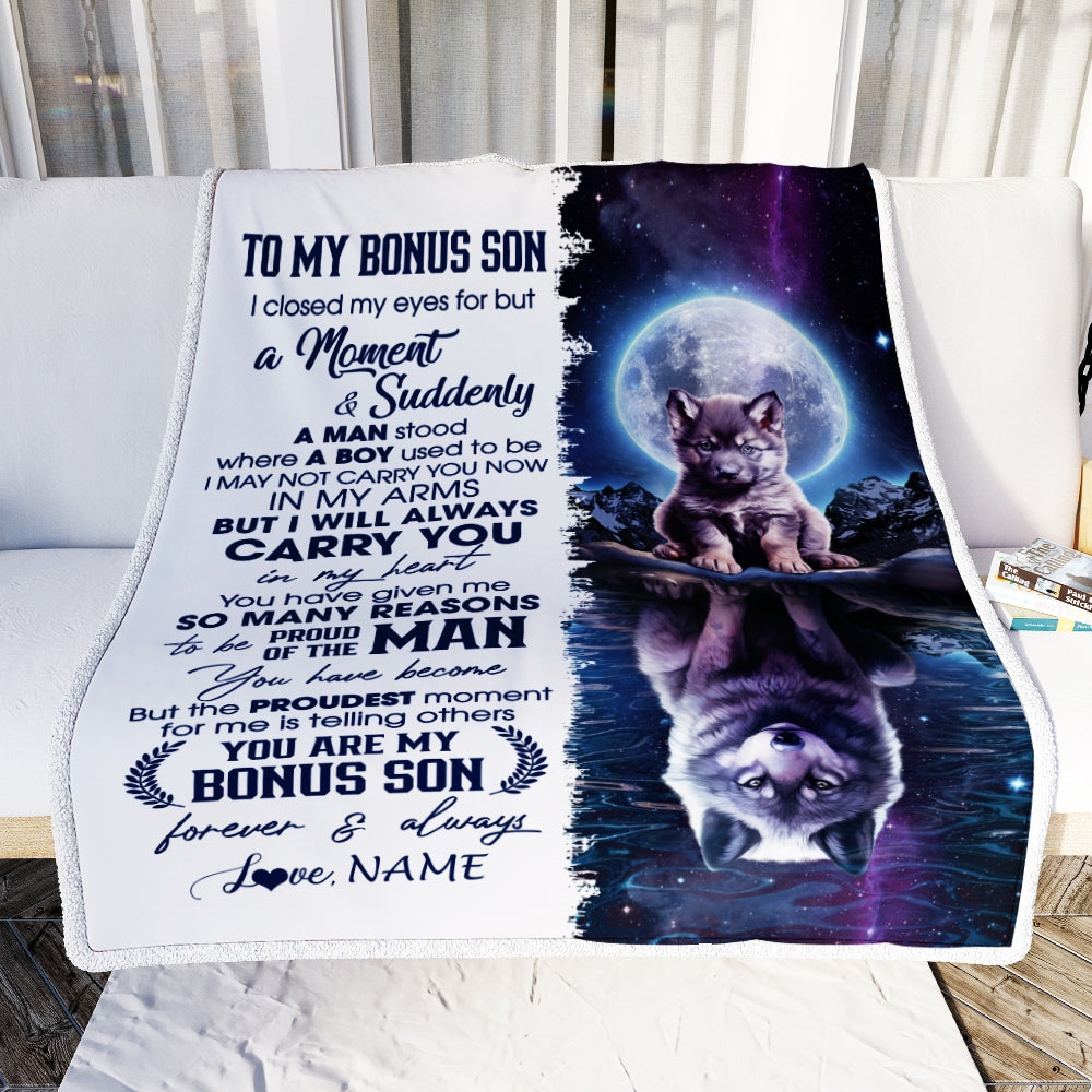 Personalized To My Bonus Son Blanket From Stepmother Dad I Close My Eyes Wolf Stepson Birthday Graduation Christmas Customized Gift Fleece Throw Blanket | teecentury