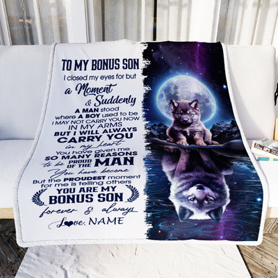 Personalized To My Bonus Son Blanket From Stepmother Dad I Close My Eyes Wolf Stepson Birthday Graduation Christmas Customized Gift Fleece Throw Blanket | teecentury