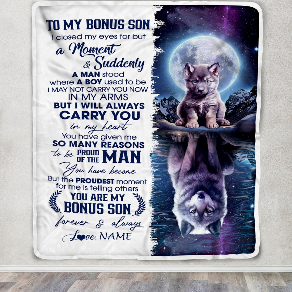 Personalized To My Bonus Son Blanket From Stepmother Dad I Close My Eyes Wolf Stepson Birthday Graduation Christmas Customized Gift Fleece Throw Blanket | teecentury