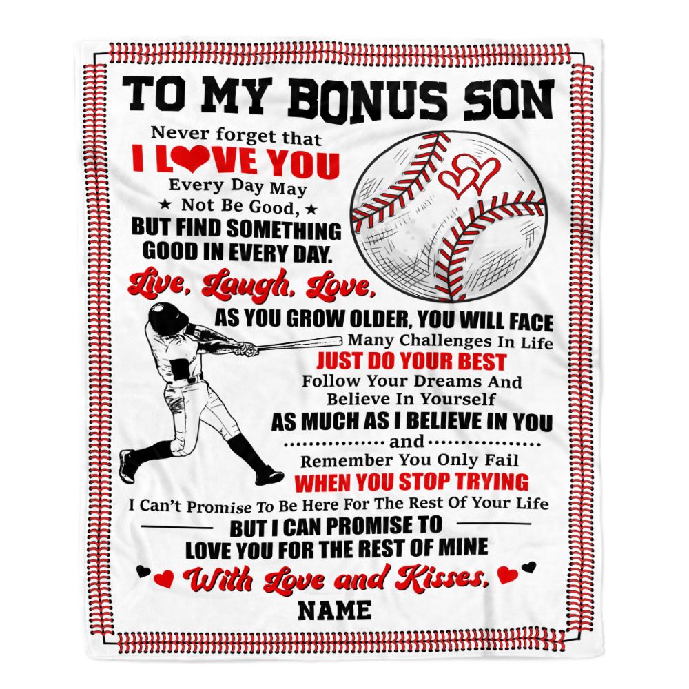 Personalized To My Bonus Son Blanket From Stepmother I Believe In You Baseball Stepson Birthday Graduation Christmas Customized Bed Fleece Throw Blanket | teecentury