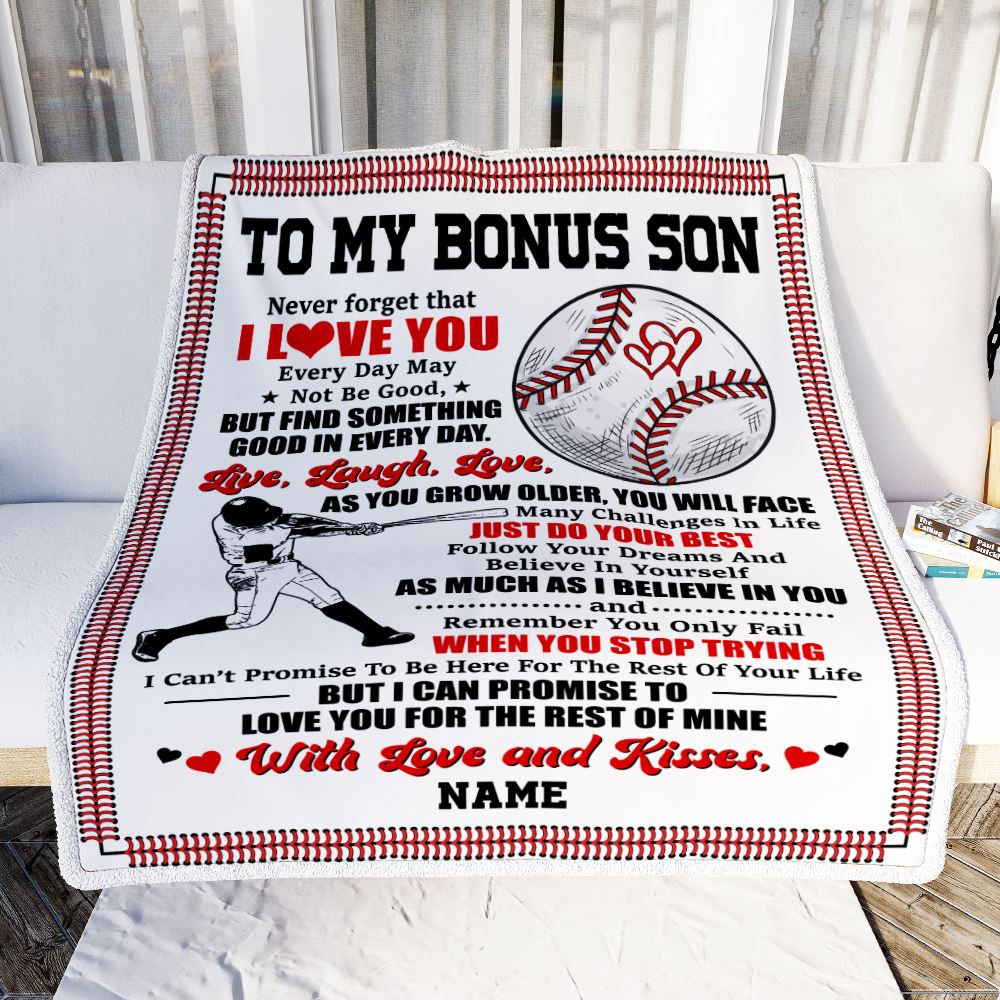 Personalized To My Bonus Son Blanket From Stepmother I Believe In You Baseball Stepson Birthday Graduation Christmas Customized Bed Fleece Throw Blanket | teecentury