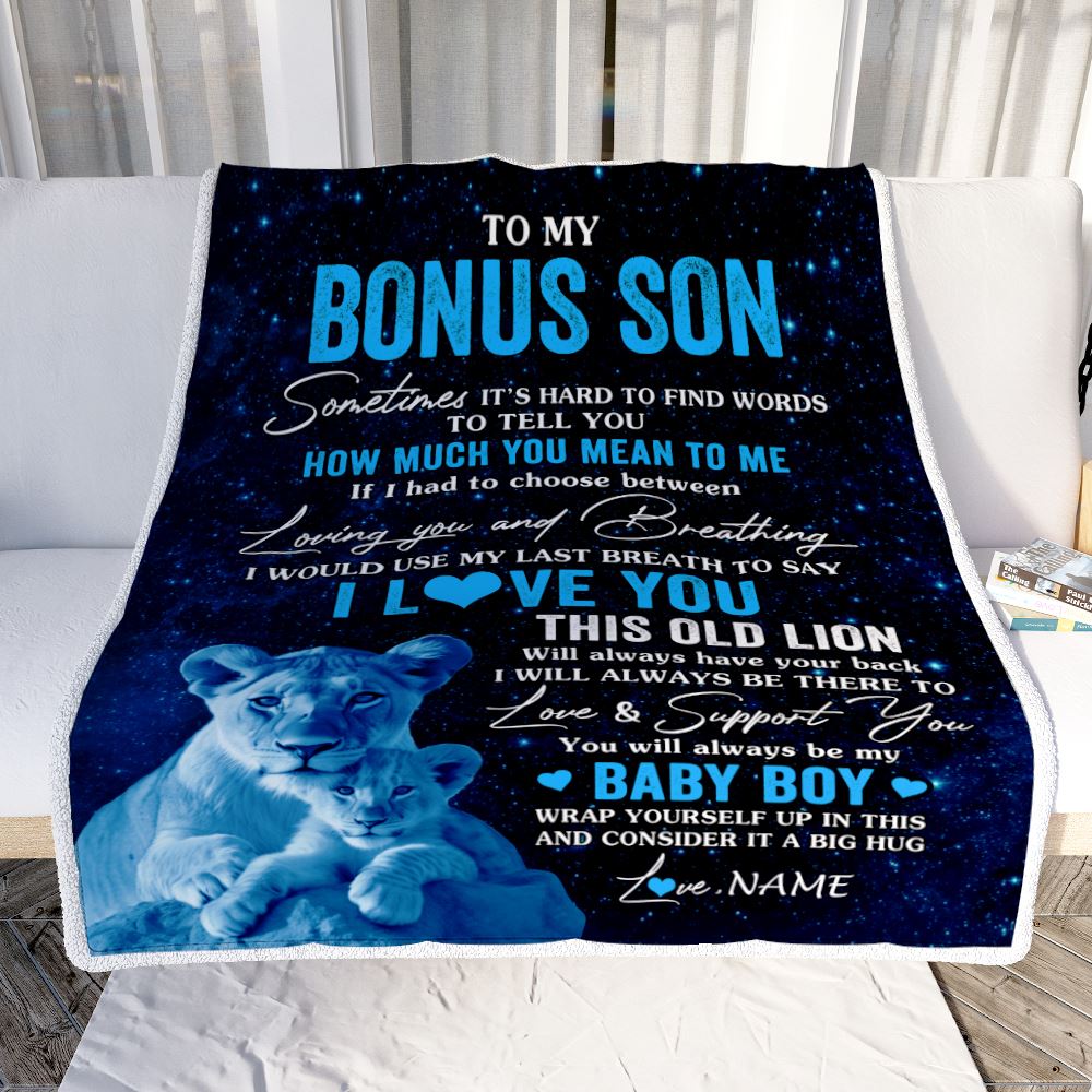 Personalized To My Bonus Son Blanket From Stepmother I Love You This Old Lion Stepson Birthday Graduation Christmas Customized Bed Fleece Throw Blanket | teecentury