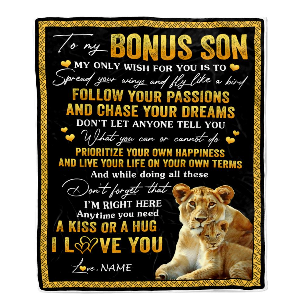 Personalized To My Bonus Son Blanket From Stepmother Lion My Only Wish For You Stepson Birthday Graduation Christmas Customized Fleece Throw Blanket | teecentury