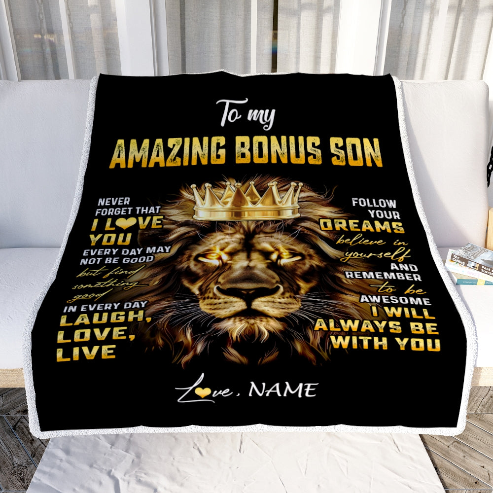 Personalized To My Bonus Son Blanket From Stepmother Never Forget I Love You Lion Stepson Birthday Graduation Christmas Customized Fleece Throw Blanket | teecentury