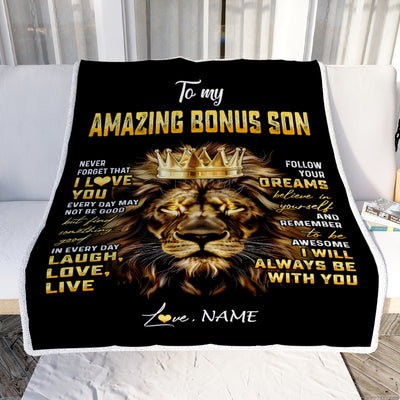 Personalized To My Bonus Son Blanket From Stepmother Never Forget I Love You Lion Stepson Birthday Graduation Christmas Customized Fleece Throw Blanket | teecentury
