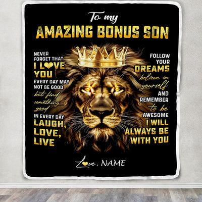 Personalized To My Bonus Son Blanket From Stepmother Never Forget I Love You Lion Stepson Birthday Graduation Christmas Customized Fleece Throw Blanket | teecentury