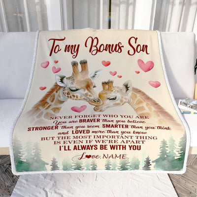 Personalized To My Bonus Son Blanket From Stepmother Never Forget Who Are You Giraffe Stepson Birthday Graduation Christmas Customized Fleece Throw Blanket | teecentury
