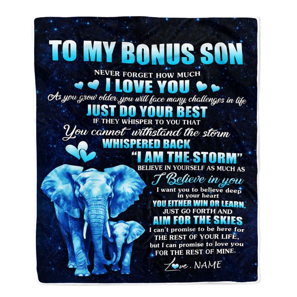 Personalized To My Bonus Son Blanket From Stepmother Stepdad Elephant Never Forget I Love You Stepson Birthday Gifts Christmas Customized Fleece Blanket | teecentury