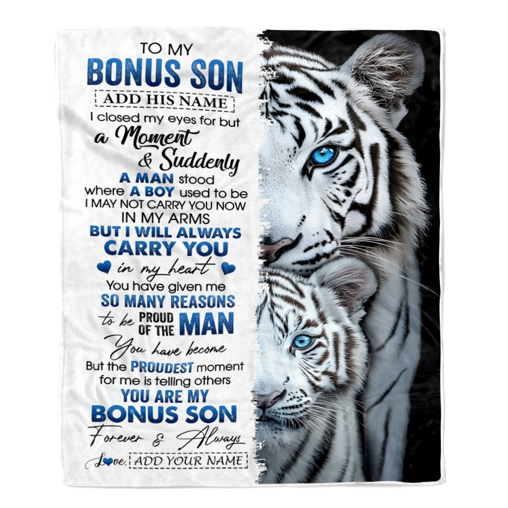 Personalized To My Bonus Son Blanket From Stepmother Stepdad I Close My Eyes White Tiger Stepson Birthday Gifts Graduation Christmas Fleece Throw Blanket | teecentury