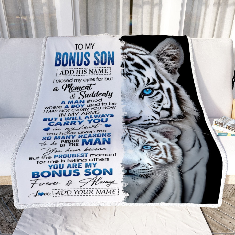 Personalized To My Bonus Son Blanket From Stepmother Stepdad I Close My Eyes White Tiger Stepson Birthday Gifts Graduation Christmas Fleece Throw Blanket | teecentury