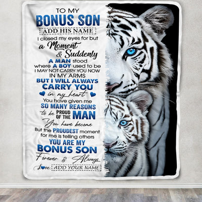 Personalized To My Bonus Son Blanket From Stepmother Stepdad I Close My Eyes White Tiger Stepson Birthday Gifts Graduation Christmas Fleece Throw Blanket | teecentury